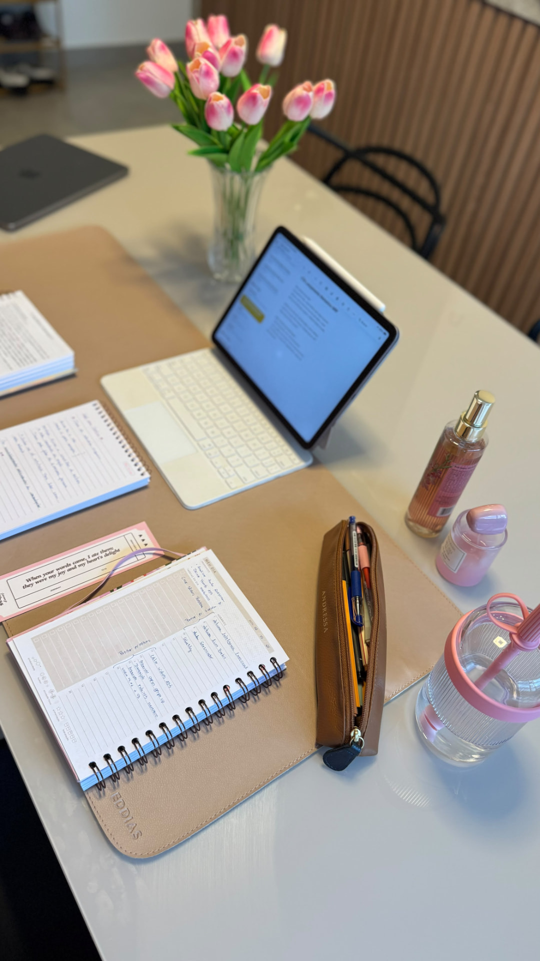 Mesa de Andressa com planner aberto, anotações e iPad